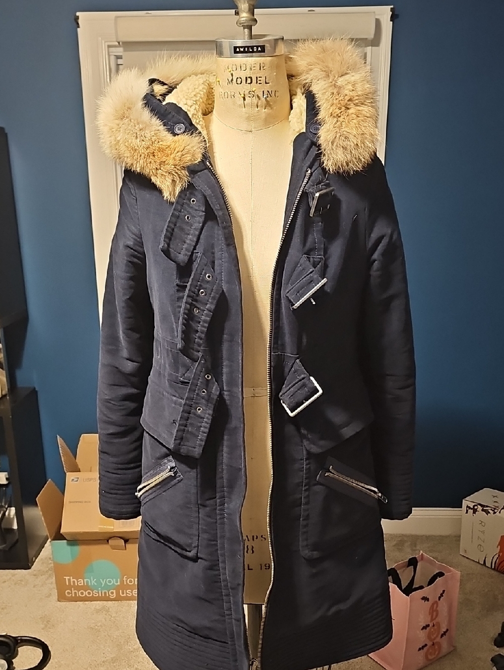 Marc Jacobs  Navy Parka Coat with Fur-Trim Hood Womens